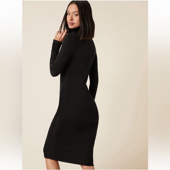 New High Neck Solid Bodycon Dress Black Long Sleeve Below Knee Midi CottonPencil - Picture 5 of 13